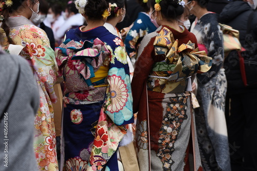 Young Japanese women wearing traditional Kimono for the coming of age day celebration.