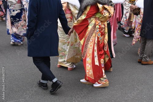 Young Japanese women wearing traditional Kimono for the coming of age day celebration.