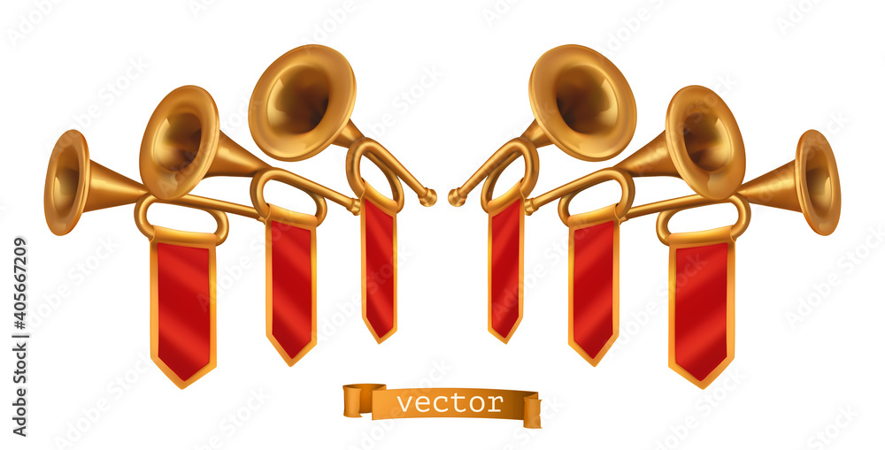 Gold fanfare. 3d vector realistic icon - obrazy, fototapety, plakaty 