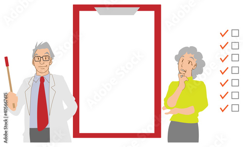 説明するシニアドクター　悩む　シニア女性患者　セット