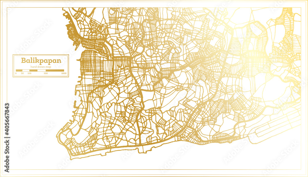 Balikpapan Indonesia City Map in Retro Style in Golden Color. Outline Map.