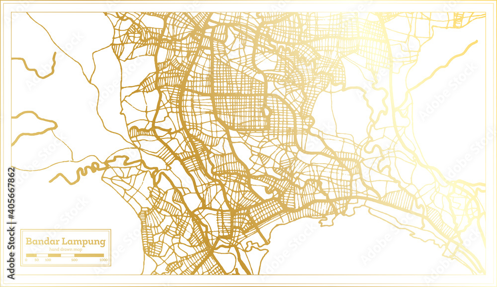 Obraz premium Bandar Lampung Indonesia City Map in Retro Style in Golden Color. Outline Map.