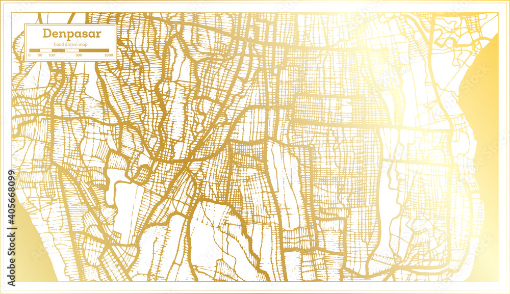 Denpasar Indonesia City Map in Retro Style in Golden Color. Outline Map. Denpasar Indonesia City Map in Retro Style in Golden Color. Outline Map.