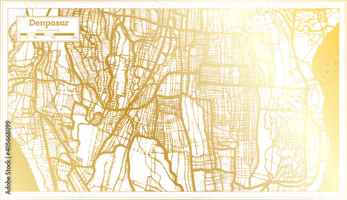 Denpasar Indonesia City Map in Retro Style in Golden Color. Outline Map.