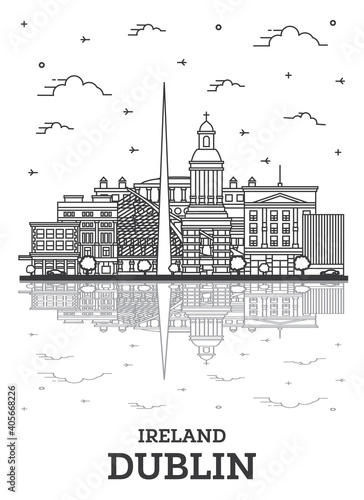 Photography Outline Dublin Ireland City Skyline with Historic Buildings and Reflections Isolated on White