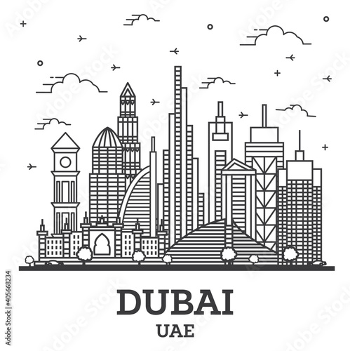 Outline Dubai United Arab Emirates (UAE) City Skyline with Modern Buildings Isolated on White.