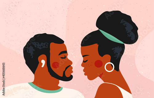 African american couple. Black family and love concept. Greeting card for St. Valentine's Day. Modern trendy vector illustration. Textured background.
