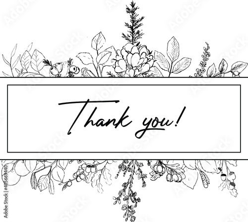 Thank you card template with ink sketches of plants and trees. Botanical drawings of furze, heather, hawthorn, willow, birch, aspen, ash, hazel, blackthorn, oak and yew. Simple minimal vector banner. 