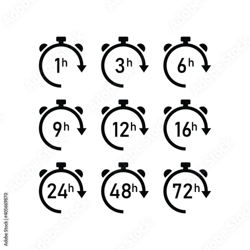 Clock arrow 1, 3, 6, 9, 12, 16, 24, 48, 72 hours. Set of delivery service time icons. isolated on white background. vector illustration