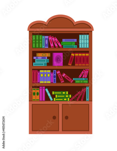  Wooden cabinet with books. Bookcase isolated on white background. Stock vector illustration.