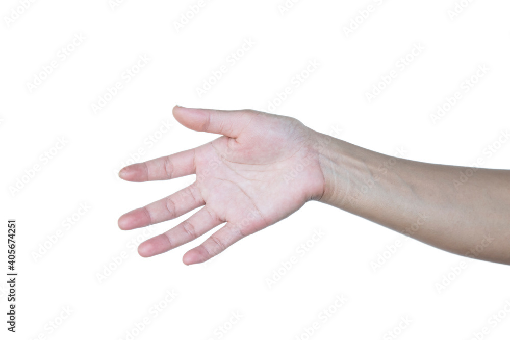 Woman open palm offering something on white background