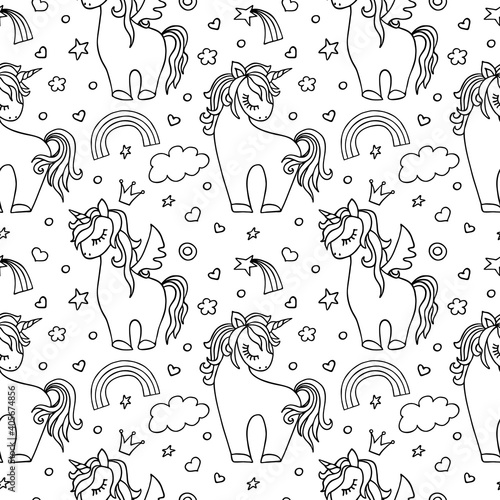 Unicorn doodle vector seamless pattern. Children s illustration seamless texture. Textiles  wrapping paper  wallpaper design  packaging. Black isolated elements