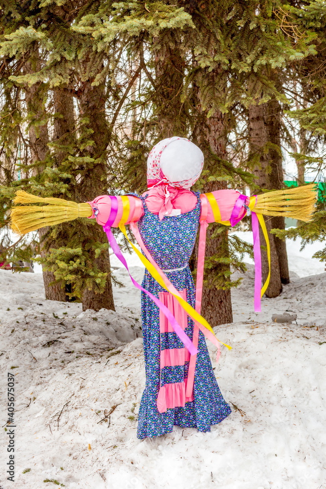 Fototapeta Russia, Samara, March 2019: Disposable Shrovetide dolls prepared for burning at the winter farewell festival.