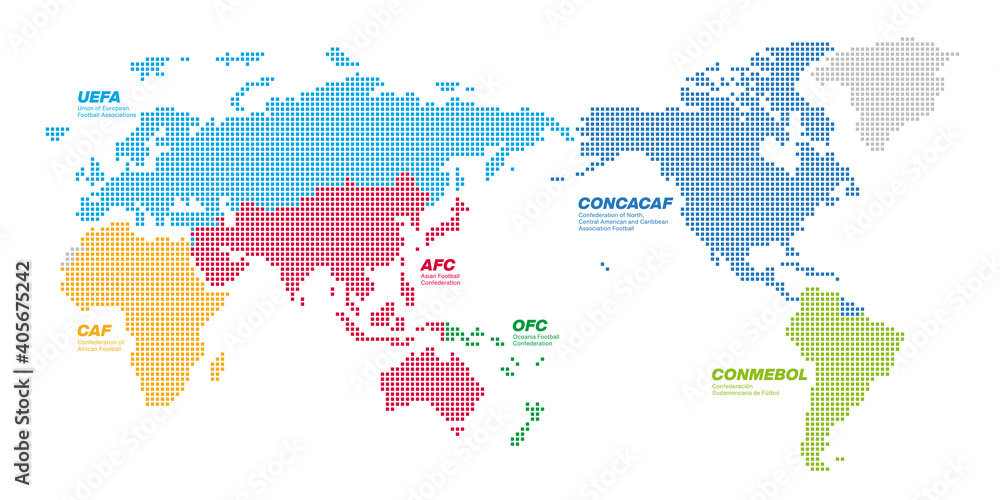 Obraz premium 角丸正方形のドットでできた国際サッカー連盟の地図 太平洋中心 文字あり