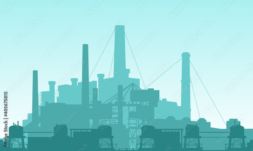 Vector illustration of a chemical factory complex. Suitable for backgrounds from power companies, chemical processing plants, power production and fuel. Silhouette of factory building.
