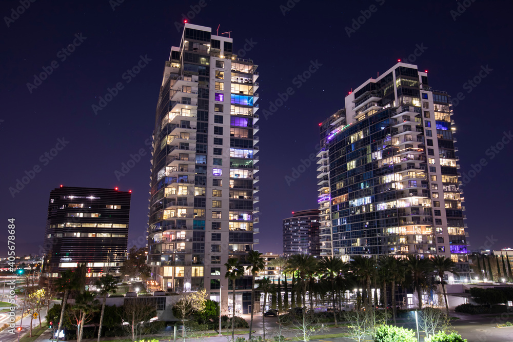 Night time view of the skyline of downtown Santa Ana, California, USA.
