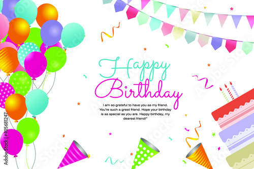 Happy birthday balloons and party flag background