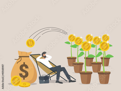 Passive income, salary & profits concept, a man relaxes waiting for the money to enter his dollar bag.