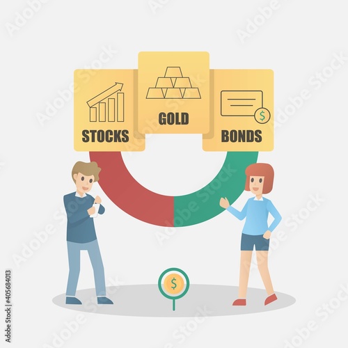 Diversification investment,financial success and balance,Risk management money growth and turnover,guarantee of security financial savings,Invest in gold, bonds and stocks,Vector illustration.