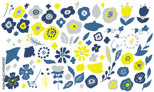 北欧風手書きの草木花イラスト　北欧　草　木　鳥　ベクター　Beautiful vector flower collection with bird, leaves, floral bouquets, flower compositions