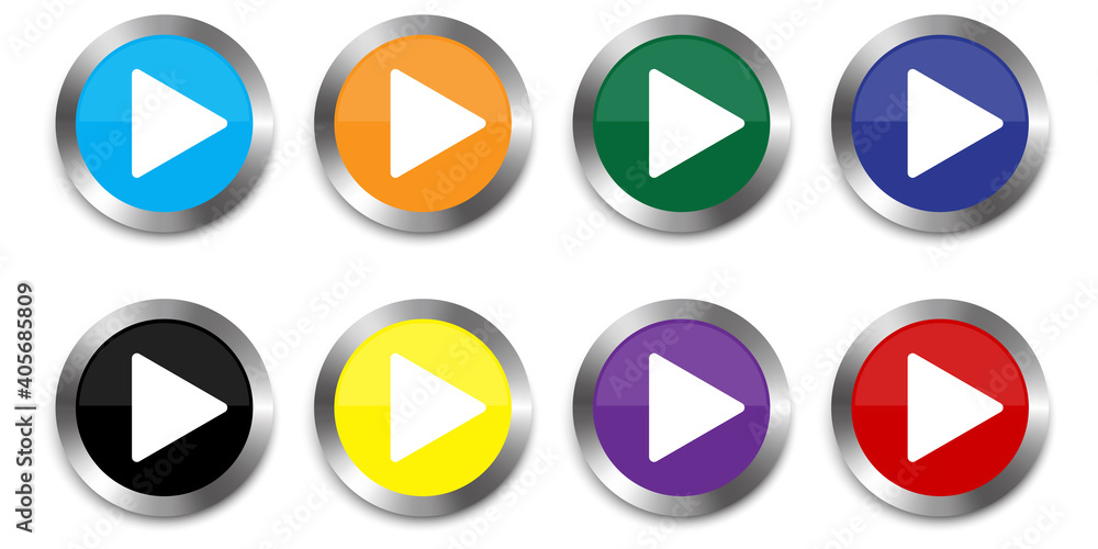 Play button icon vector illustration. Flat play set buttons colored for game design. Stock image. EPS 10.
