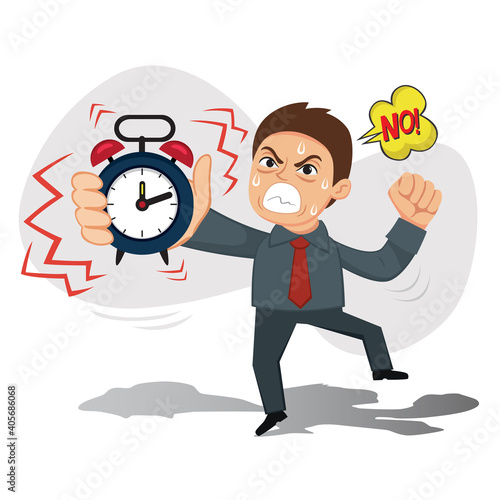 Angry male boss holds alarm clock