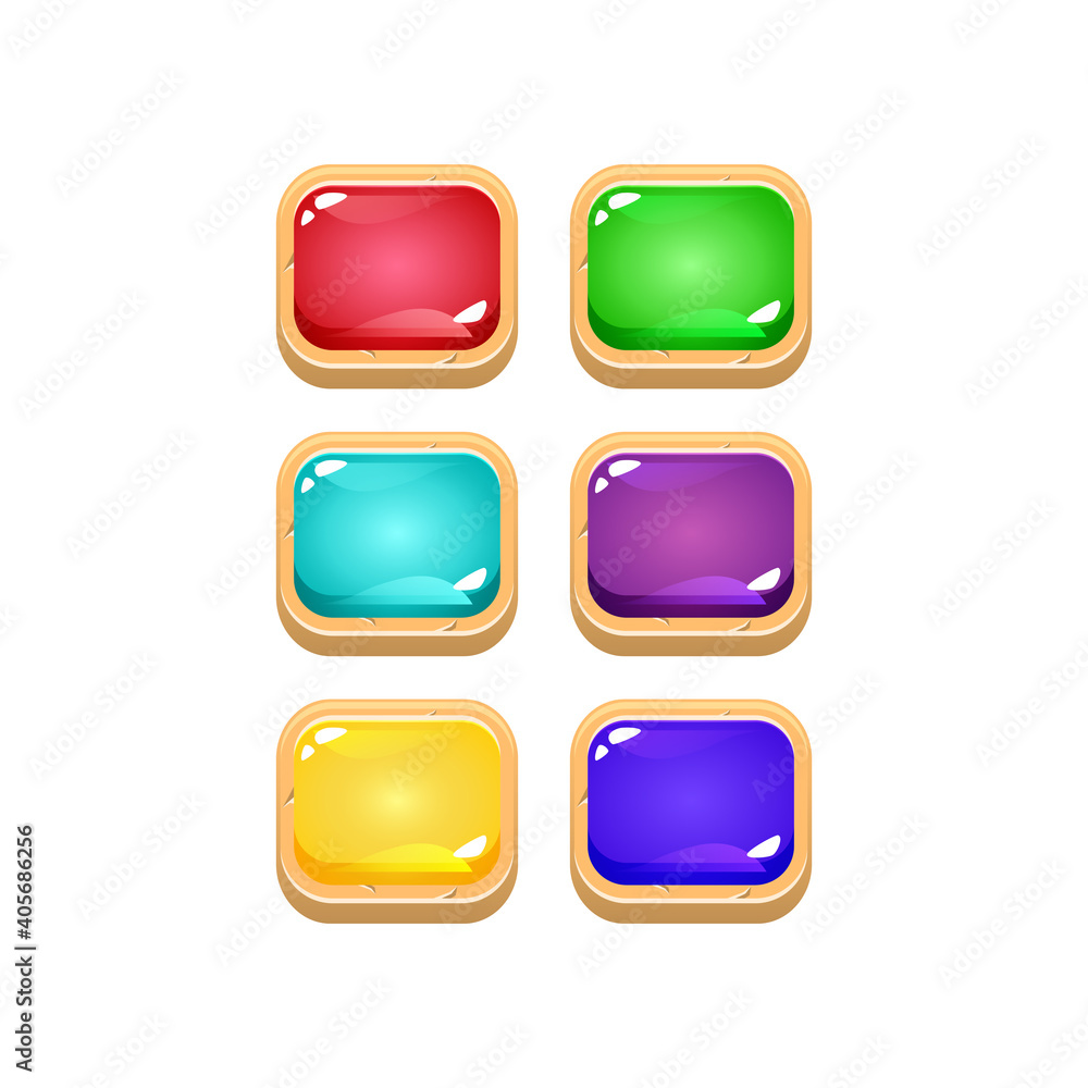 set of colorful jelly game ui with wooden border for gui asset elements vector illustration set of colorful jelly game ui with wooden border for gui asset elements vector illustration