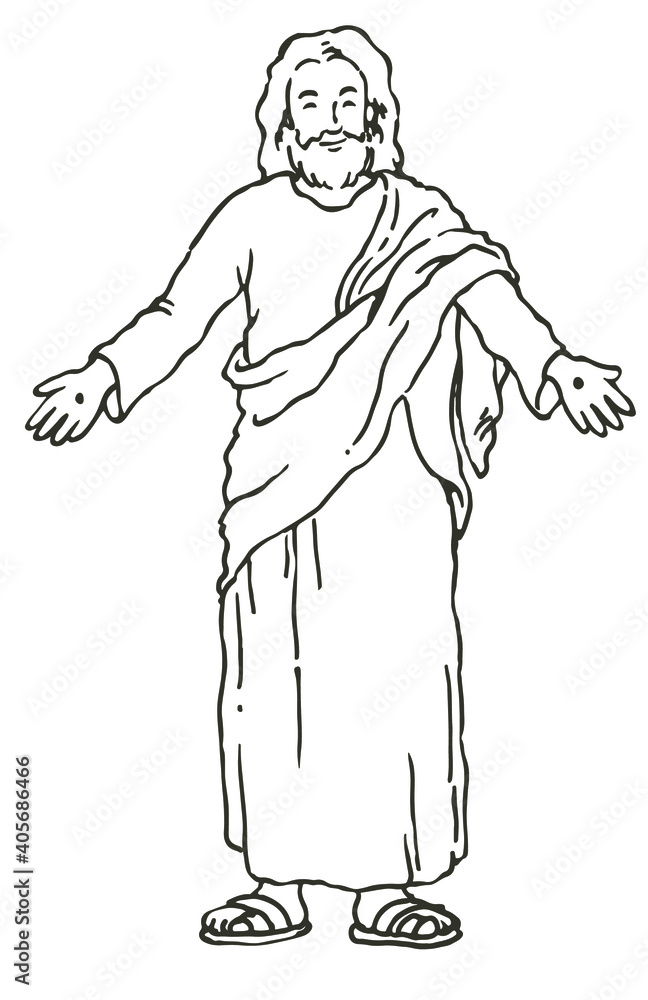 Vector illustration of resurrected Jesus Christ with arm wide open. Vector illustration of resurrected Jesus Christ with arm wide open.