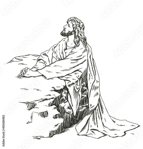 Hand drawn illustration of Jesus christ praying in the garden