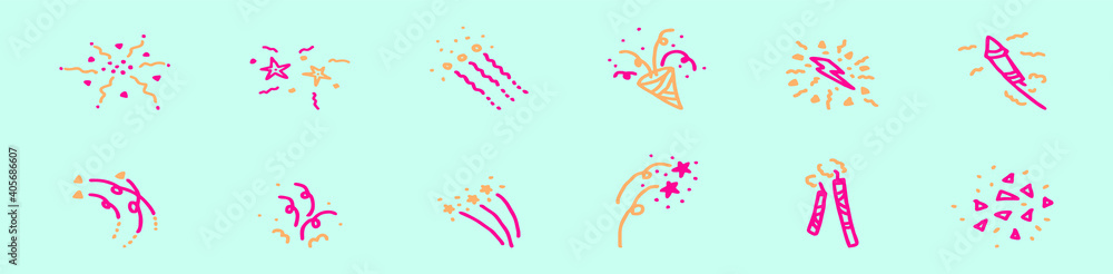 set of fireworks cartoon icon design template with various models. vector illustration isolated on blue background
