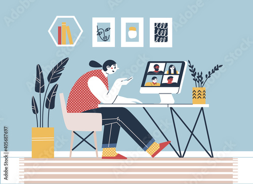 A woman communicates via video call with friends, colleagues via computer. Concept of videoconference and web communication. Team meeting online. Remote video conference call. Video conferencing.