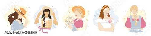 Young woman with red hair in a straw hat with a bouquet of wildflowers isolated on white. Girl in the cut out style with daisies. Greeting card for birthday, mother's day. Cute vector illustration