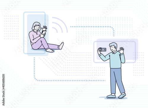 Video call on phone illustration: face to face video chat, mobile video conferencing and online meeting, socializing in the new normal. editable stroke vector illustration