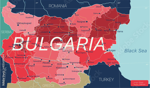 Bulgaria country detailed editable map with regions cities and towns, roads and railways, geographic sites. Vector EPS-10 file
