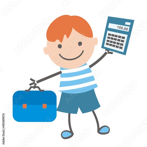School boy with school bag and calculator, funny vector illustration