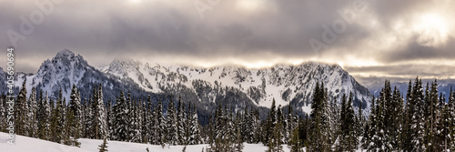 Winter view of the Tatoosh mountain range in Mt. Ranier National Park.  Panoramic photo