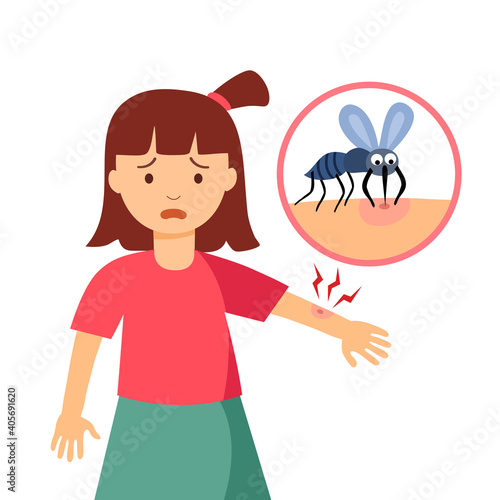 Mosquito biting a girl children skin in flat design. Blood sucker insect cartoon. Virus disease carrier.