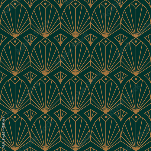 Art Deco Seamless Pattern in a Trendy minimal Style. Vector Abstract Geometric background with Golden lines. For packaging, fabric printing, branding, wallpaper, covers