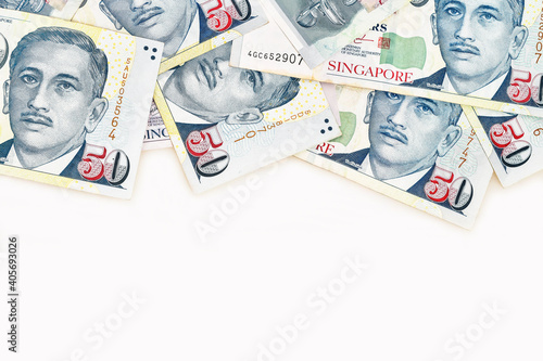 Canvas Print Close up of fifty singapore dollar on many singapore money background