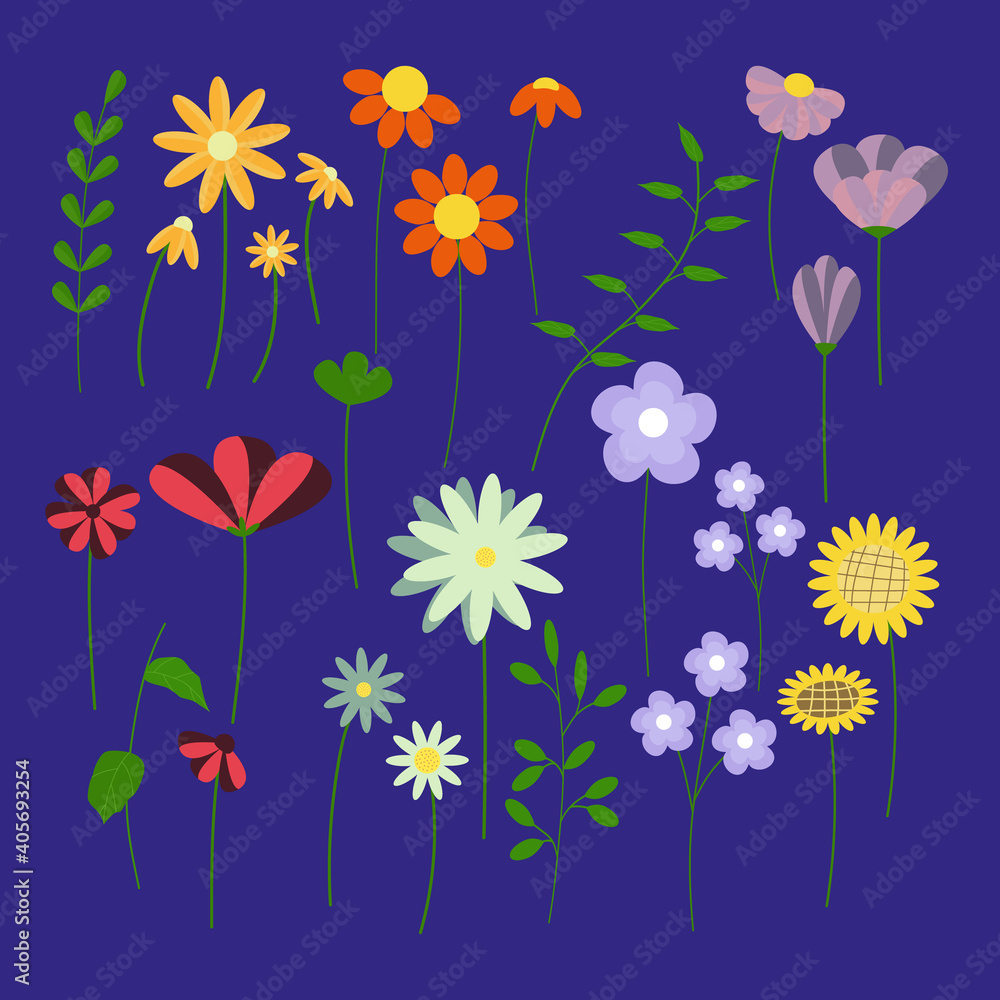 Collection
 from flowers and branches with leaves. Romantic set of spring or summer elements for print, invitation, wedding or greeting cards. Vector illustration on a blue background. Flat style.