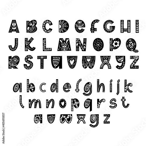 Hand drawn latin alphabet in scandinavian style. Folk art font with flower and leaves ornament. For typography poster, card, label, banner design.