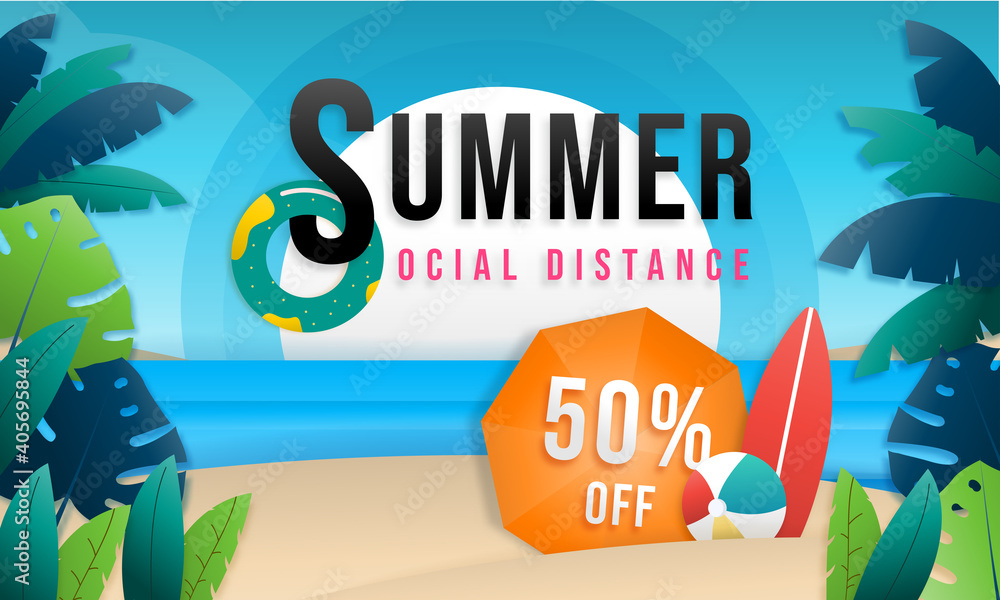 Summer sale online social distance design with tropical beach Colorful background layout banners. Decorate ball, red surfboard, orange umbrella, swim ring, and palm leaf. Vector illustration template.