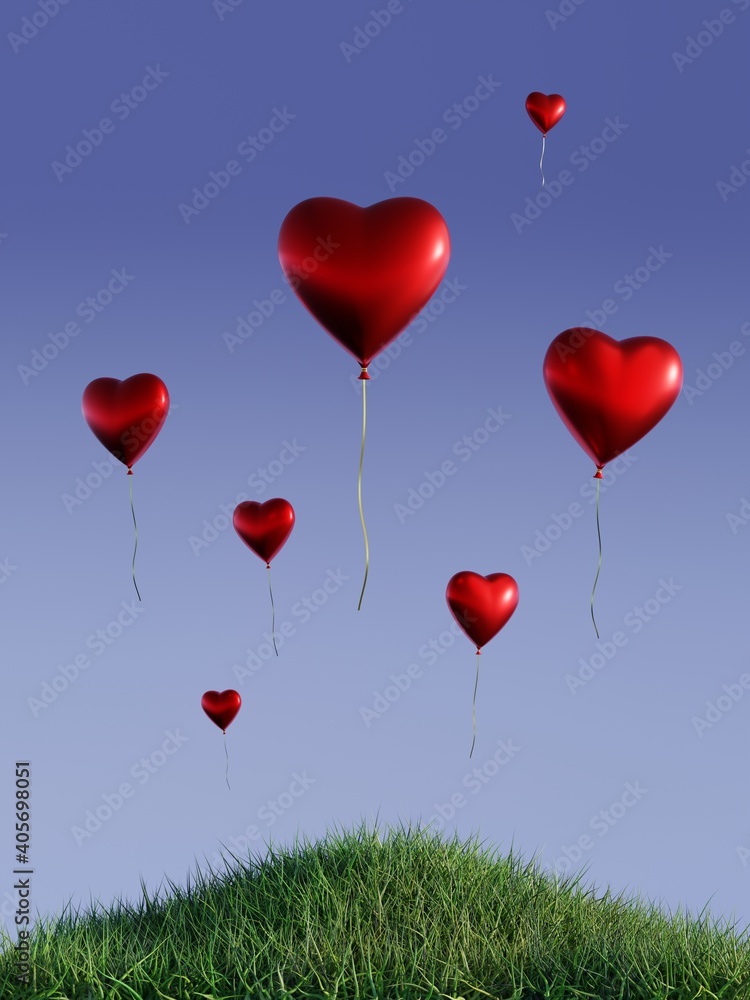 Red heart balloons in the blue sky and over the grass hill