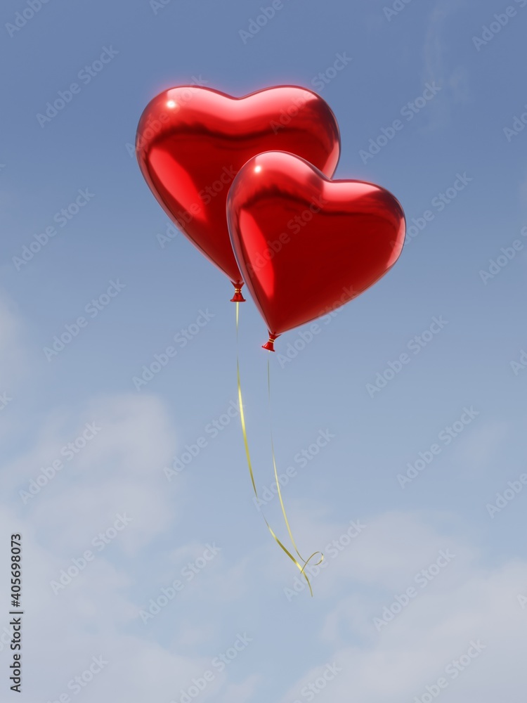 Two red heart balloons in the cloudy blue sky