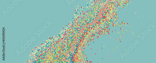 Background of colored dots randomly moving on backdrop. Chaotic concentration and dispersion of small rounds. Dotted template. Stylish banner with spots. Dynamic vector illustartion.
