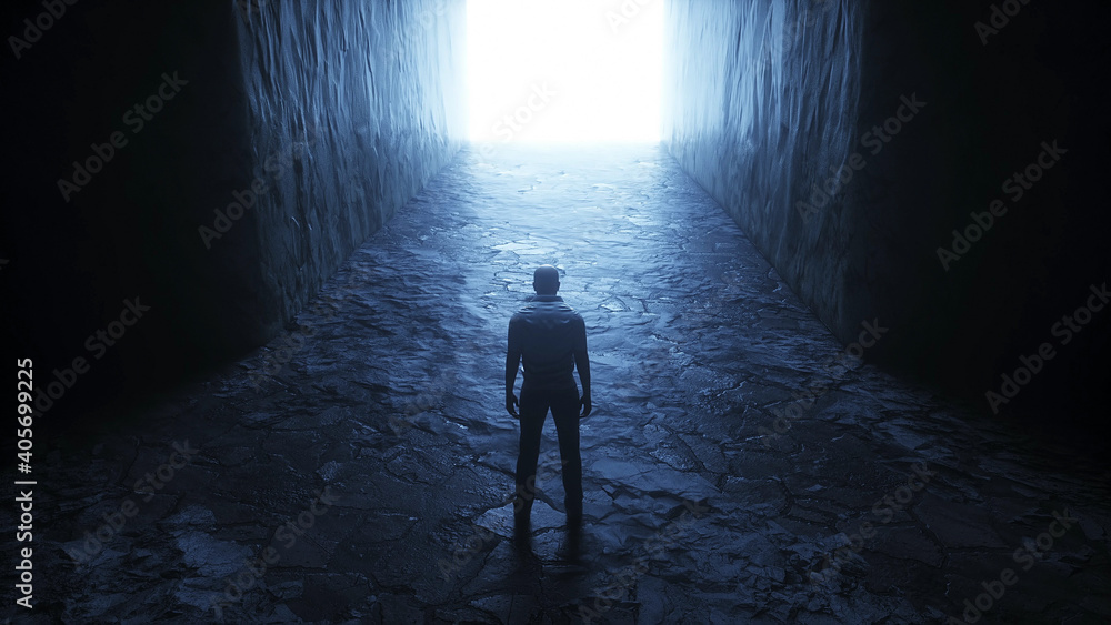 Fototapeta premium a lonely man stands in front of a light portal. 3d rendering.