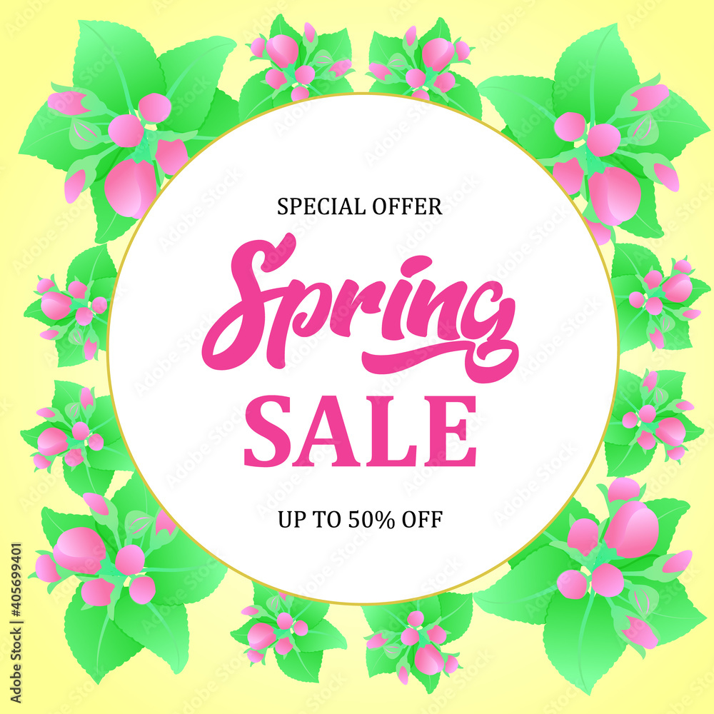 Banner spring sale with round frame. Vector illustration 