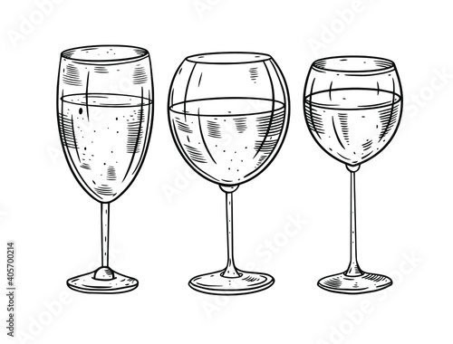 Hand drawn wine glasses set. Engraving style. Black color vector illustration for bar menu, poster or banner.