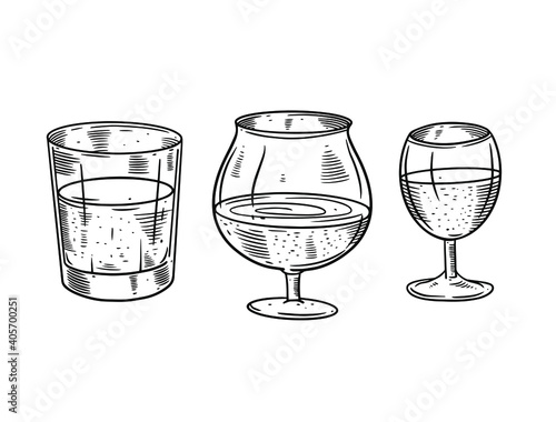 Black and white illustrations of beer or beverage glasses in retro style. These vector images create a vintage atmosphere and can be used for various design projects.