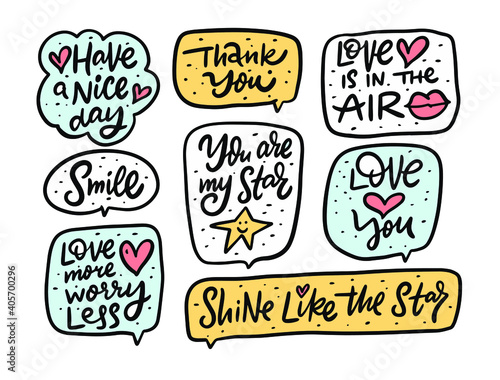 Cute motivational doodle phrases set. Handwritten calligraphy style. Quote in frames. Colorful vector illustration for t-shirt print.
